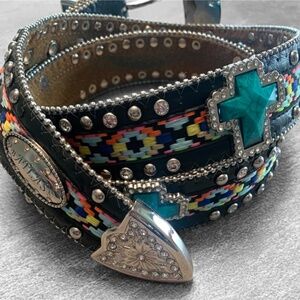 WB Atlas Black Leather Belt Aztec Embroidered Turquoise Cross Rhinestones XL